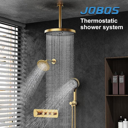 Shower System Brass Thermostatic Shower Faucet Set With Valve and Diverter Shower Mixer with 2 Rain Shower Head and Multi-function Handheld Head（Brushed Gold）