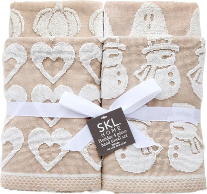 SKL Home Christmas/Winter Holiday Hand Towel Gift Set-4pc, Jacquard, Tan | 100% Cotton. Soft & reversible. For seasonal use in the bathroom, kitchen or bar for Valentine's Day/Halloween/Fall/Winter.