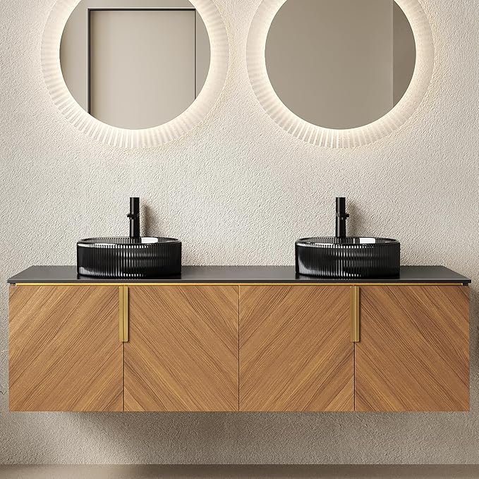 60" Double Sink Bathroom Vanity with Sink Combo, Floating Vanity with Vessel Sink, Wall-Mounted Plywood Bathroom Vanity Storage Cabinet with 4 Doors & 2 Glass Basin, Brown Oak