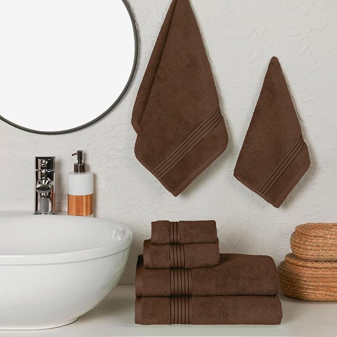Elegant Comfort Premium Cotton 6-Piece Towel Set, Includes 2 Washcloths, 2 Hand Towels and 2 Bath Towels, 100% Turkish Cotton - Highly Absorbent and Super Soft Towels for Bathroom, Brown