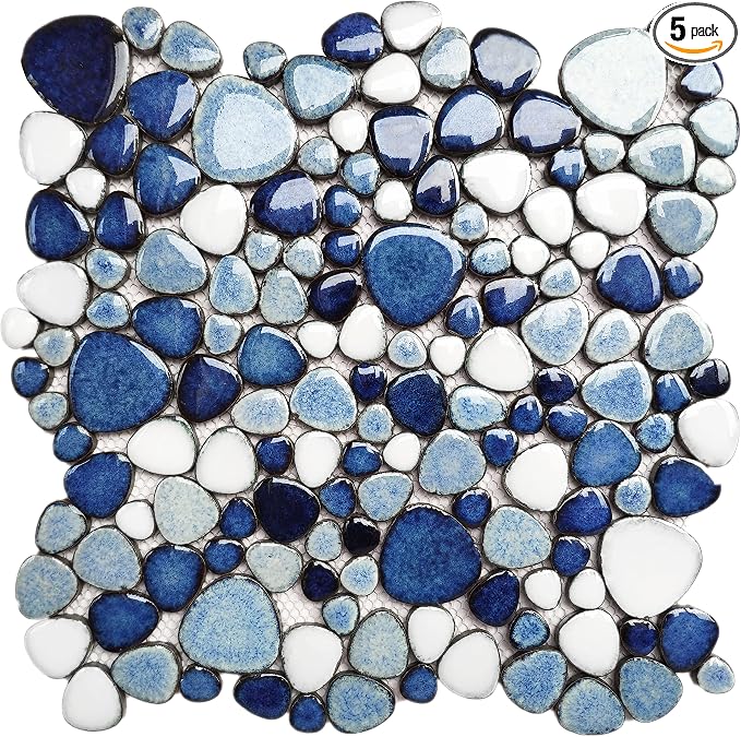 Blue Shower Floor Pebbles Tile Bathroom Mosaic Backsplash Wall Tiles (5 Sheets)