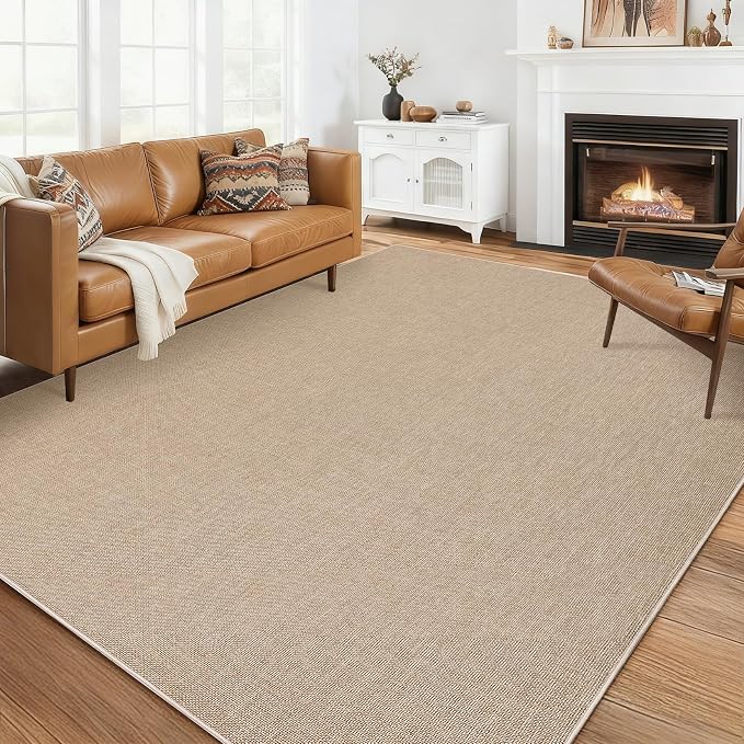 Garvee Large Area Rug 10x13 Modern Solid Washable Rug Non Slip Tan | Woven Textured, Ultra-Thin Neutral Minimalist Non-Shedding Floor Cover Indoor Foldable Mat for Living Room Bedroom Office