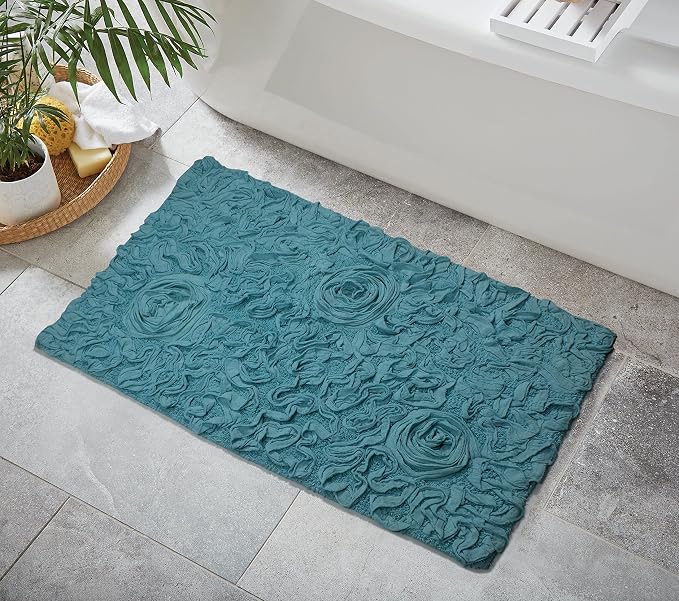 Home Weavers Bell Flower Collection 100% Cotton Tufted Bath Rugs, Extra Soft and Absorbent Bath Rugs, Non-Slip Bath Mats, Machine Washable, Bath Mats for Bathroom Floor, 24"x40" Rectangle, Blue