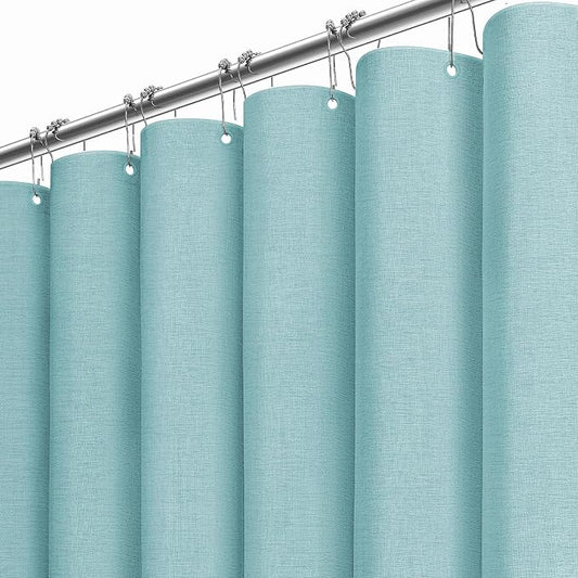 Long Linen Textured Waterproof Shower Curtain, 72x84, Teal/Turquoise | Tall Size, 230GSM Polyester, Heavy Duty Cloth, Weighted Hem, 12 Plastic Hooks, Modern Luxury Hotel Style, Machine Washable