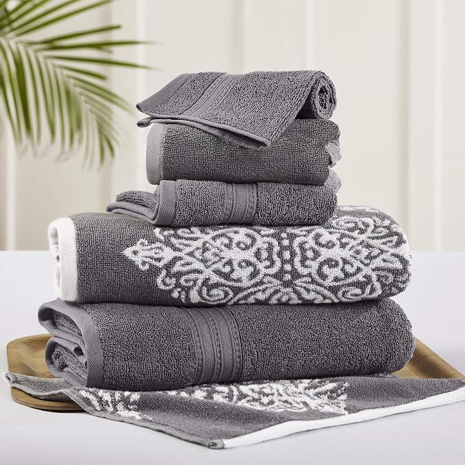 Modern Threads 6-Piece 100% Cotton Damask Medallion Towel Set, Charcoal | Highly Absorbent, Soft & Plush, Quick-Drying, 550 GSM, Color-Rich Yarn-Dyed Design, OEKO-TEX Certified
