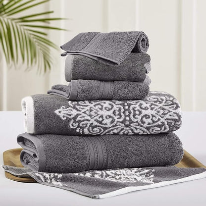 Modern Threads 6-Piece 100% Cotton Damask Medallion Towel Set, Charcoal | Highly Absorbent, Soft & Plush, Quick-Drying, 550 GSM, Color-Rich Yarn-Dyed Design, OEKO-TEX Certified