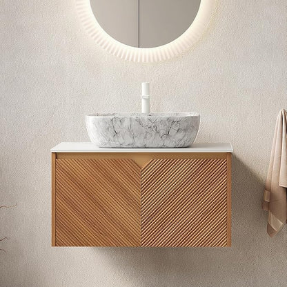 Floating Bathroom Vanity with Sink, 30 Inch Fluted Vanity with Vessel Sink, Modern Bathroom Vanity Cabinet with 2 Doors, Oval Marble Vessel Ceramic Sink & Sintered Stone Top, Oak