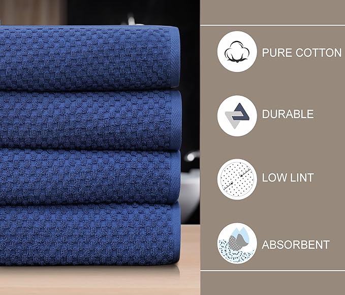 COTTON CRAFT Waffle Bath Towel - Set of 4 Luxury Euro Spa Waffle Weave Towels - 100% Ringspun Cotton - Super Absorbent Quick Dry Bath Towel Set - Oversized 30 inches x 56 inches - Blue
