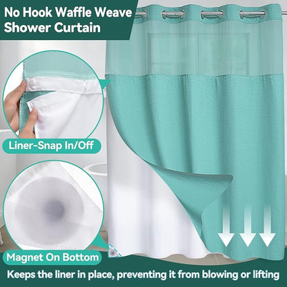 Conbo Mio Extra Long No Hook Green Waffle Weave Shower Curtain with Snap in Liner Set, Hotel Luxury Shower Curtains for Bathroom with See Through Top Window, Waterproof, Washable 71W x 84H