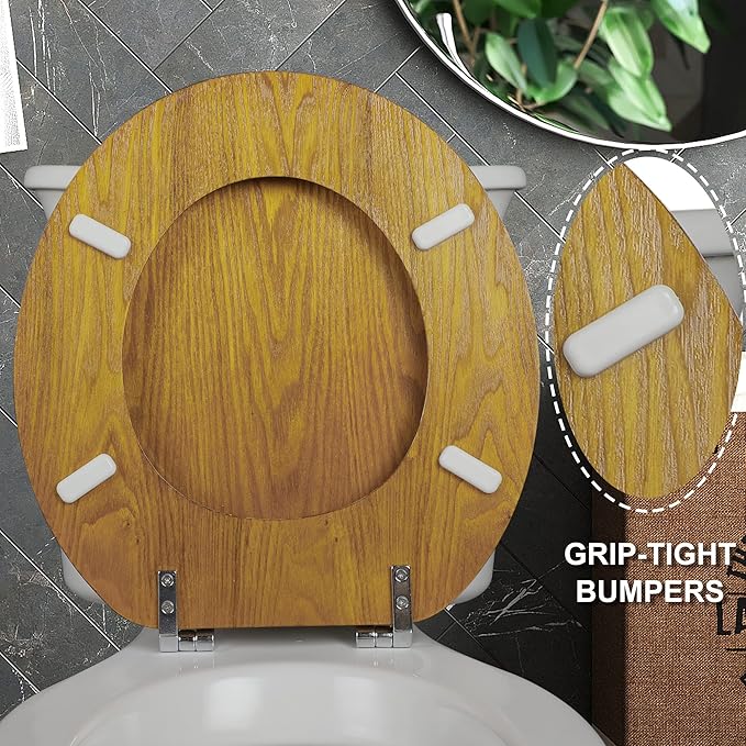 Angel Shield Durable Wood Veneer Natural Toilet Seat Metal Hinged Easy Clean Anti-scratch American Standard(Round,Oak)