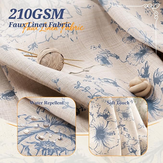 Vintage Blue Floral Shower Curtain with 12 Clear Rings - 72" W x 72" L | Farmhouse Fabric Faux Linen Shower Curtain Set, French Country Cottagecore Style Shower Curtain for Bathroom