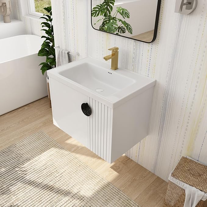 SSLine 28" Wall-Mount Bathroom Vanity Modern Floating Bathroom Vanity Set with Ceramic Sink Basin & Storage Cabinet 28-Inch Luxury White Small Bathroom Vanities with Round Metal Handles
