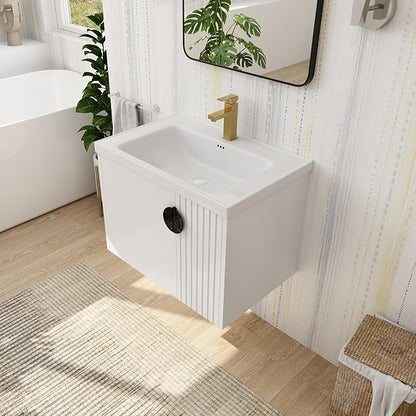 SSLine 28" Wall-Mount Bathroom Vanity Modern Floating Bathroom Vanity Set with Ceramic Sink Basin & Storage Cabinet 28-Inch Luxury White Small Bathroom Vanities with Round Metal Handles