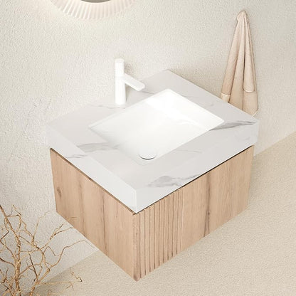 KEIKI 24 Inch Floating Bathroom Vanity with Sink, White Oak & White | Modern Wall Mounted Storage Cabinet with 2 Doors, Pre-assembled Wood Panels, Sintered Stone Top & Ceramic Basin Combo Set