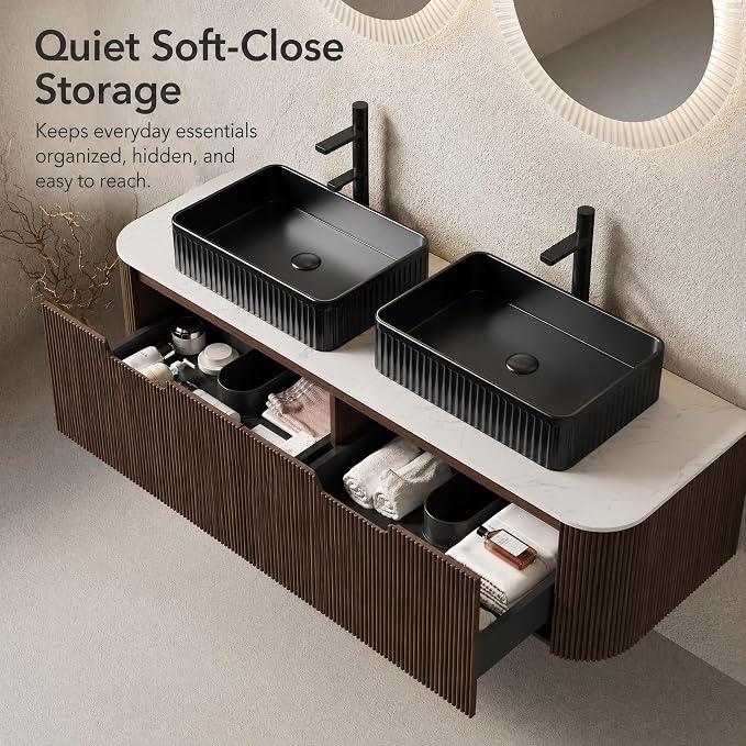 60 Inch Double Sink Bathroom Vanity, Floating Wall Mounted Cabinet, Dark Walnut Curved Fluted Front, Stone Top, Dual Black Textured Rectangular Vessel Basins, Pre-Assembled