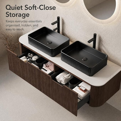 60 Inch Double Sink Bathroom Vanity, Floating Wall Mounted Cabinet, Dark Walnut Curved Fluted Front, Stone Top, Dual Black Textured Rectangular Vessel Basins, Pre-Assembled