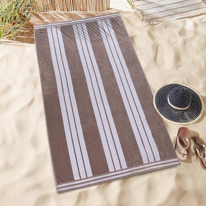 Superior Oversized Cotton Beach Towel Set of 4, Absorbent Towels for Bathroom, Beach, Pool, Swim, Adults, Kids, Vacation, Travel, Bath Sheet, Quick Dry Basics, Trip Essentials, Striped Decor, Taupe