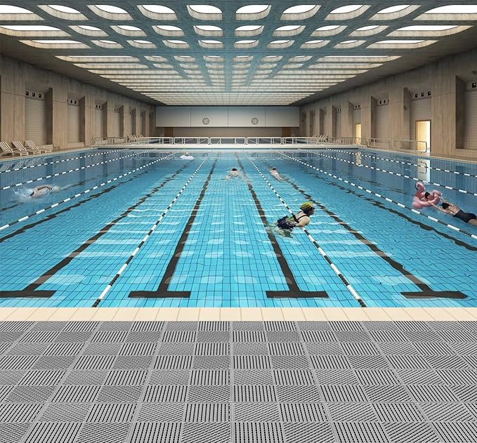 9 Pack Interlocking Drainage Tiles Double Non-Slip Tiles Mat with Drain Holes for Pool, Bathroom, Shower, Pantry, Patio, Boat, Pet Area, 12" L×12" W×0.4" Th Gray