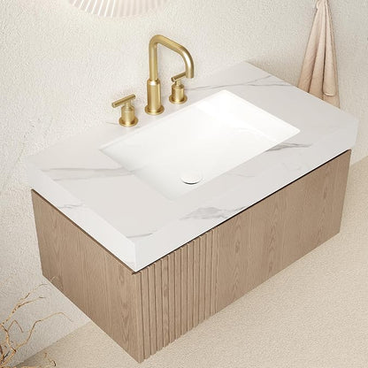 KEIKI 36 Inch Floating Bathroom Vanity with Sink, Light Brown & White | Modern Wall Mounted Storage Cabinet w/ Drawer & Door, Pre-assembled Wood Panels, Sintered Stone Top & Ceramic Basin Combo Set