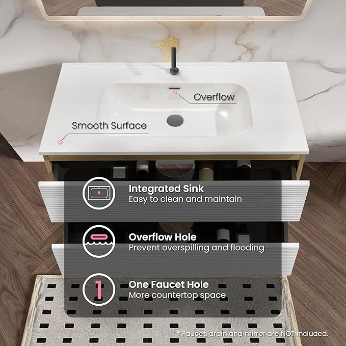 36″ Natural Wood & White Floating Bathroom Vanity with Sink, Modern Bathroom Cabinet with Soft Close & Large Storage Drawers, for Bath, Apartment, Hotel, Fully Assembled
