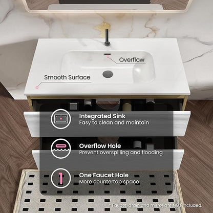 36″ Natural Wood & White Floating Bathroom Vanity with Sink, Modern Bathroom Cabinet with Soft Close & Large Storage Drawers, for Bath, Apartment, Hotel, Fully Assembled