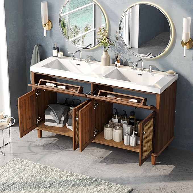 60 Inch Brown Bathroom Vanity with Double Sink,Large Doule Sink Vanity with 2 Tip-Out Trays & 4 Soft Closing Doors,Spacious Storage Space,Silver Knobs,Solid Wood Legs,Woven Rattan Doors Front