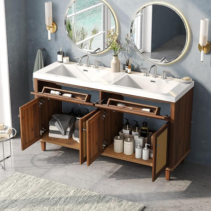 60" Farmhouse Double Sink Bathroom Vanity with Double Sinks, Soft Closing Doors and Flip-Out Drawers, Solid Wood Frame & MDF Wood Bathroom Sink Cabinet, Freestanding Solid Wood Legs