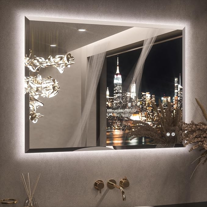 Keonjinn 40"x30" LED Backlit Mirror, Lighted Bathroom Mirrors for Over Sink | Tempered Glass Beveled Edge, Dimmable 3 Color Lights, Defogging, Memory Function, Effortless French Cleat Installation, Salon