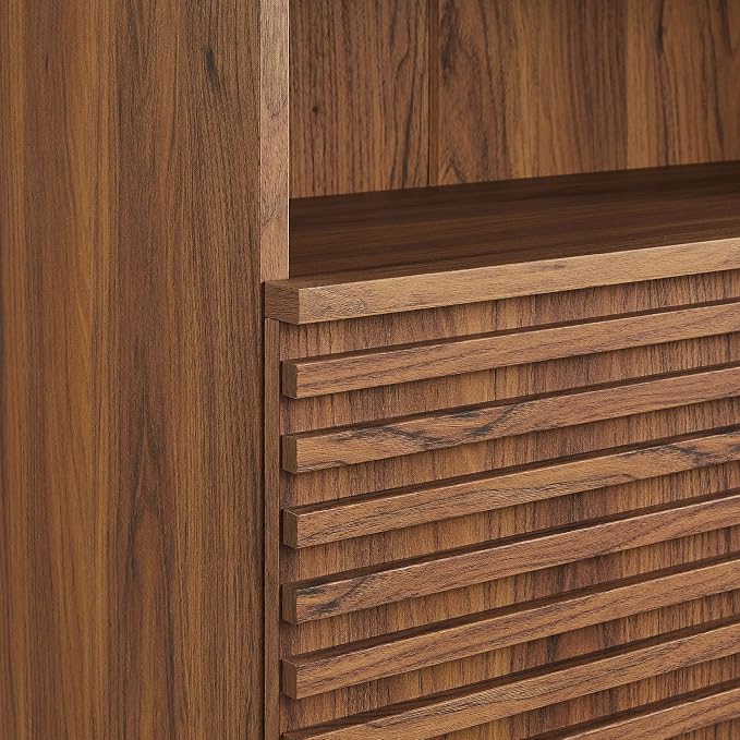 Modway Render Freestanding Bathroom Storage Cabinet in Walnut - 43 Inch Linen or Towel Cabinet with Slatted Doors