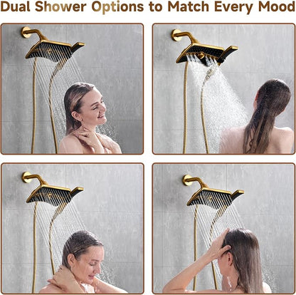 BRIGHT SHOWERS Dual Shower Head with Handheld, High Pressure Rainfall Shower Head Combo, 60-Inch Stainless Steel Hose, Brushed Gold