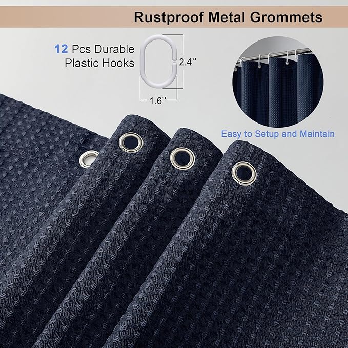 OVZME Navy Blue Shower Curtain Set, Waffle Textured Heavy Duty Fabric Shower Curtain for Bathroom, Luxury Hotel Weighted 230GSM Bath Curtain with 12 Plastic Hooks, Machine Washable, 72x72