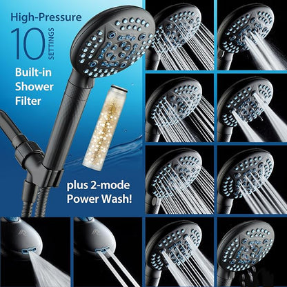 AquaCare 4X 10-Mode High Pressure Hand Shower w/Filter & 2-mode Power Wash | Filters Chlorine & Toxins, Softens Hard Water for Healthy Skin & Hair. Handheld Power Head Cleans Tub, Tile & Pets / Black