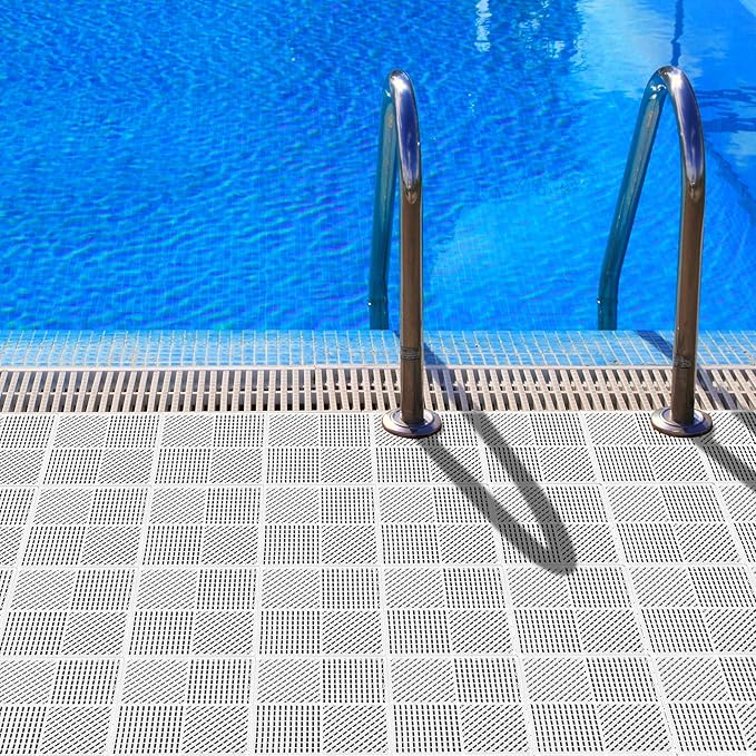 18 Pack Modular Interlocking Floor Tiles Anti-Slip with Drainage Holes for Pool Bathroom Shower Sauna Room SPA Pantry Balcony Patio Boat, 12"×12" White