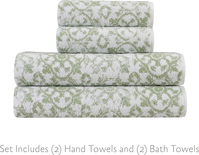 Jessica Simpson – Bath Towel 4 Piece Set, Aziza, Premium Bathroom Décor, Includes 2 Hand Towels and 2 Shower Towels, 100% Cotton & Machine Washable, Frosty Green