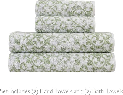 Jessica Simpson – Bath Towel 4 Piece Set, Aziza, Premium Bathroom Décor, Includes 2 Hand Towels and 2 Shower Towels, 100% Cotton & Machine Washable, Frosty Green