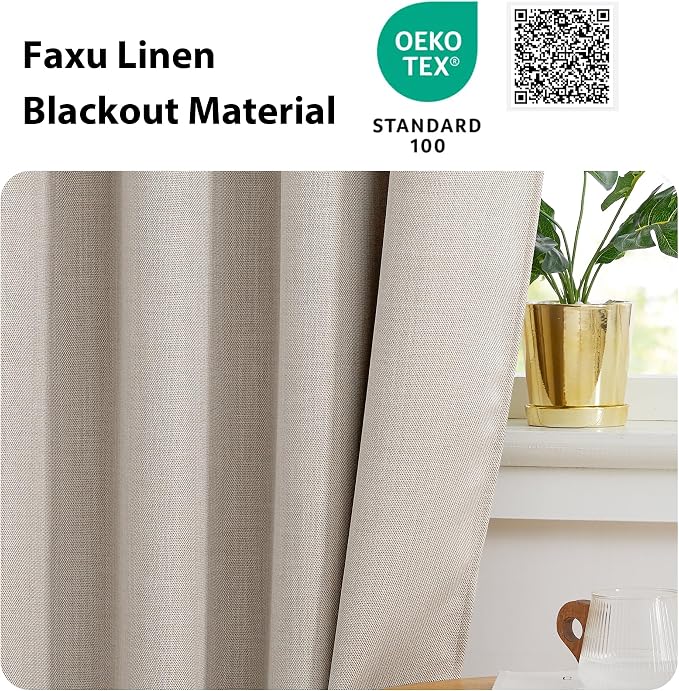 NICETOWN Blackout Curtain Panel for Front Door Kitchen Faux Linen Window Curtains Thermal Insulated Rod Pocket Drapes for Glass Door with Tieback W54 x L72, Angora, 1 Panel