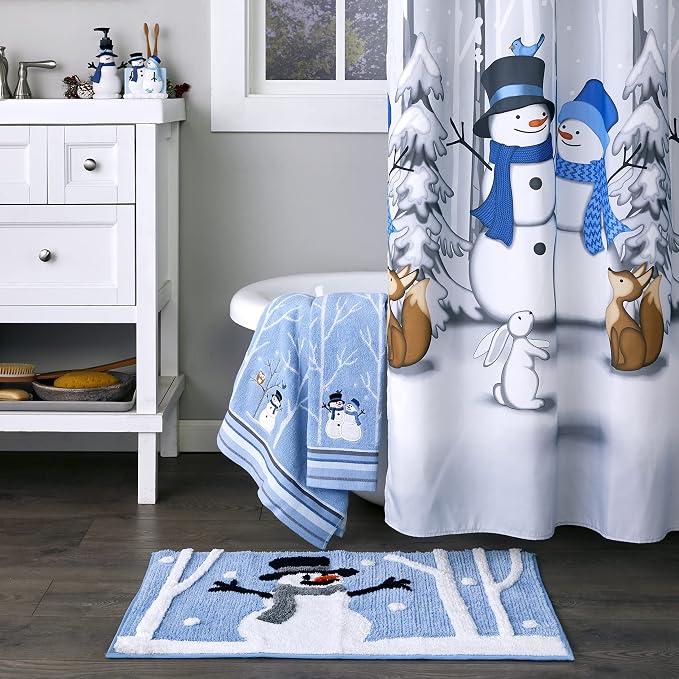 SKL Home Christmas Winter Friends Snowman Bath Towel, 100% Cotton, Blue | 450 GSM. Soft & absorbent jacquard with embroidery. Great for holiday gifting.
