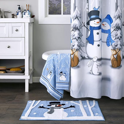 SKL Home Christmas Winter Friends Snowman Bath Towel, 100% Cotton, Blue | 450 GSM. Soft & absorbent jacquard with embroidery. Great for holiday gifting.