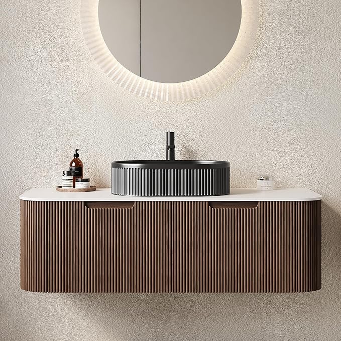 Yayzy 48" Floating Bathroom Vanity with Sink, Solid Wood Fluted Cabinet, Black Fluted Oval Ceramic Basin & Faux Marble Top, Soft-Close Drawer, Pre-Assembled, Walnut Woodgrain