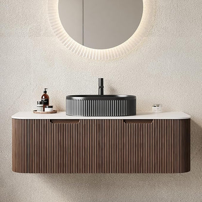 Yayzy 48" Floating Bathroom Vanity with Sink, Solid Wood Fluted Cabinet, Black Fluted Oval Ceramic Basin & Faux Marble Top, Soft-Close Drawer, Pre-Assembled, Walnut Woodgrain