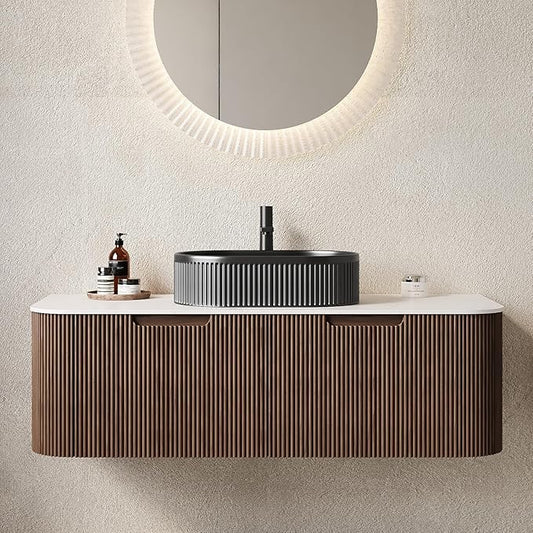 Yayzy 48" Floating Bathroom Vanity with Sink, Solid Wood Fluted Cabinet, Black Fluted Oval Ceramic Basin & Faux Marble Top, Soft-Close Drawer, Pre-Assembled, Walnut Woodgrain