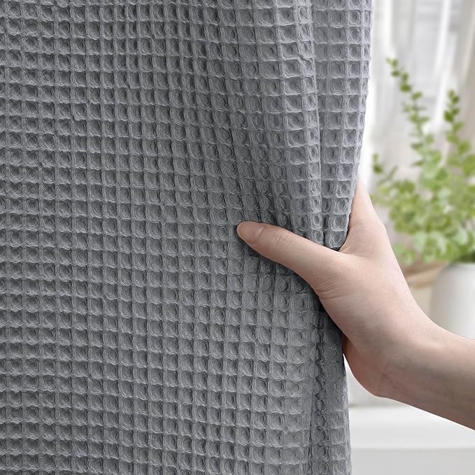 Long Waffle Shower Curtain - Grey Cotton Texture Fabric Heavyweight Shower Curtains for Bathroom,72Wx78L