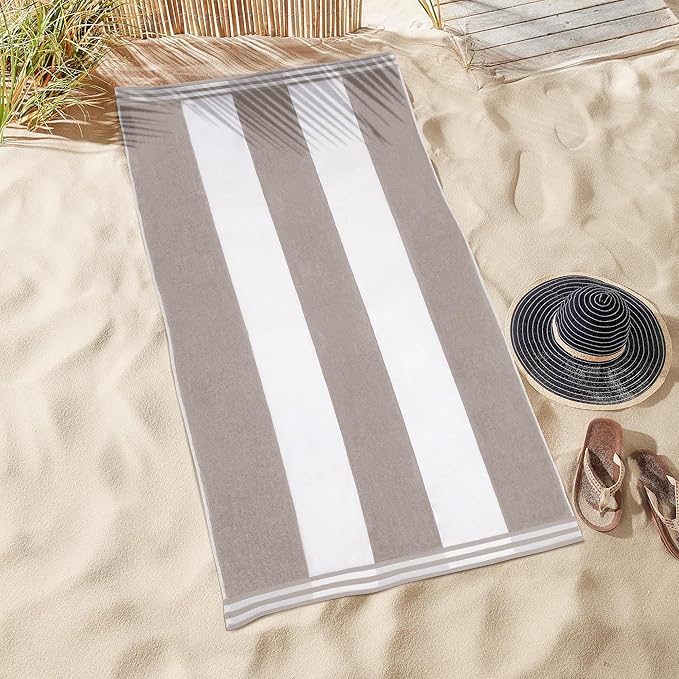 Superior Cotton Nautical Stripe Beach Towels, Colorful Towels for Adult, Kid, Pool, Swimming, Sand, Travel, Large Oversized, Absorbent, Fast Drying, Bath Basics, Cabana Collection, 1 Piece, Taupe