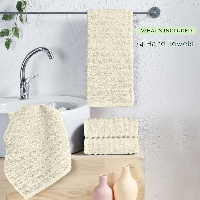 Elegant Comfort Luxury 100% Turkish Cotton Corduroy Ribbed 4 Pack Hand Towel Set 16 x 28 Inch - Absorbent, Super Soft, Quick Dry, Premium Towels for Bathroom, Gym, Spa and Hotel Use, Ivory