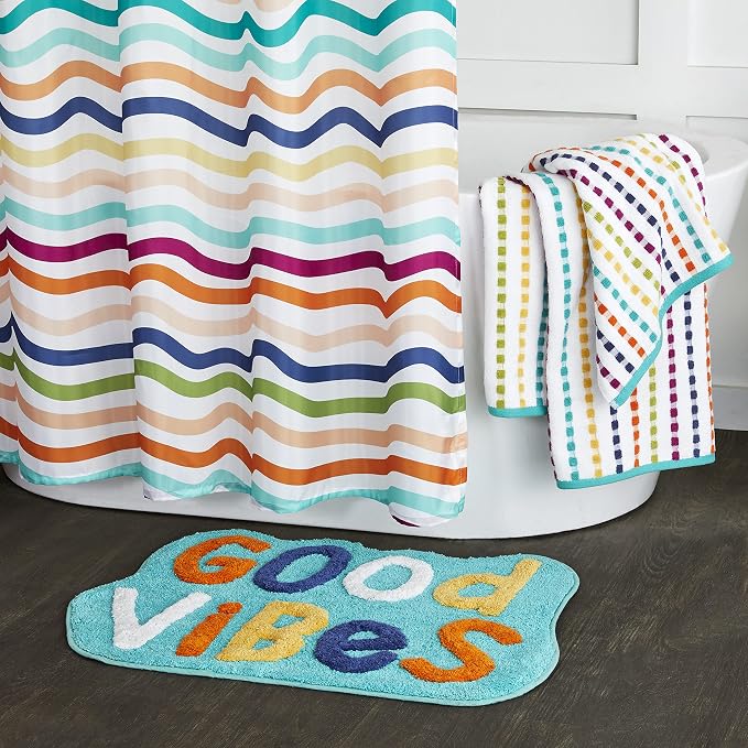 SKL Home Good Vibes Hand Towel Set-2pc, Premium 100% Cotton, Multi | 550 GSM weight. Soft & absorbent terry with colorful stripes. For use in the bathroom, kitchen, bar or any sink space.