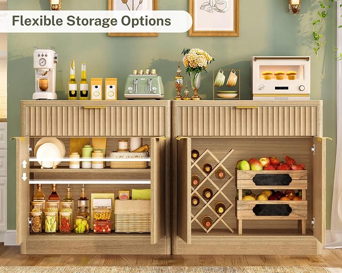 31.5" W Storage Cabinet with Drawer and Adjustable Shelf, Coffee Bar Cabinet, Fluted Sideboard Buffet Cabinet with 2 Doors for Living Room, Kitchen, Entryway, Natural