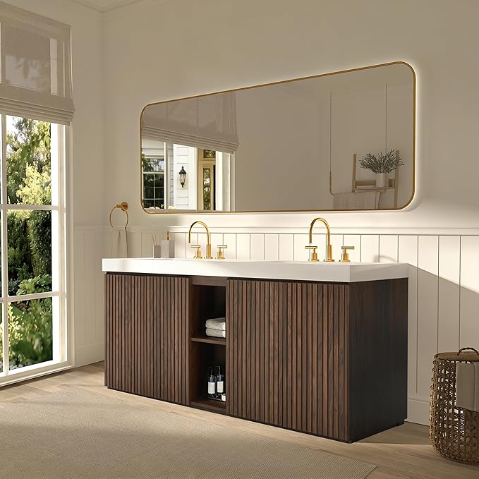 72" Bathroom Vanity with Double Sink, Freestanding Double Sink Bathroom Vanity with White Engineered Stone Top, Open Storage Cabinet & Adjustable Shelf, 4 Soft-Closing Doors, Walnut