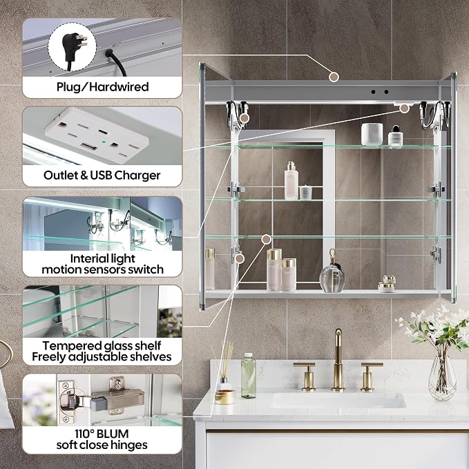 WELLFOR 30" X 30" Bathroom LED Medicine Cabinet with Mirror, Medicine Cabinet with Lights, Bathroom Mirror with Storage, Dimmer, Defogger, Outlets & USB Ports, Double Doors