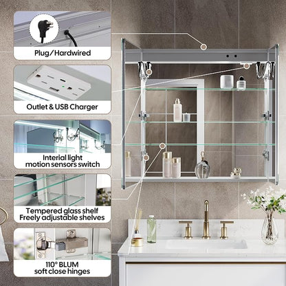 WELLFOR 30" X 30" Bathroom LED Medicine Cabinet with Mirror, Medicine Cabinet with Lights, Bathroom Mirror with Storage, Dimmer, Defogger, Outlets & USB Ports, Double Doors