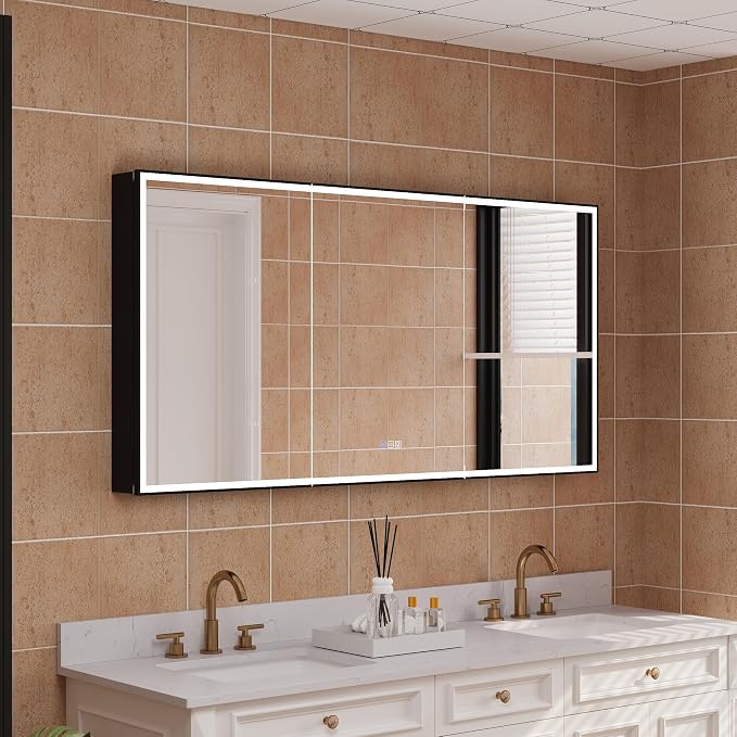 60" X 30" LED Mirrored Medicine Cabinet, Medicine Cabinets with Lights for Bathroom, Defogging Function Mirror Cabinet, Bathroom Medicine Cabinet with USB Port & Outlet, Three Opening Doors